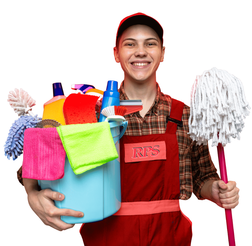 Smiling young cleaning guy holding cleaning supplies