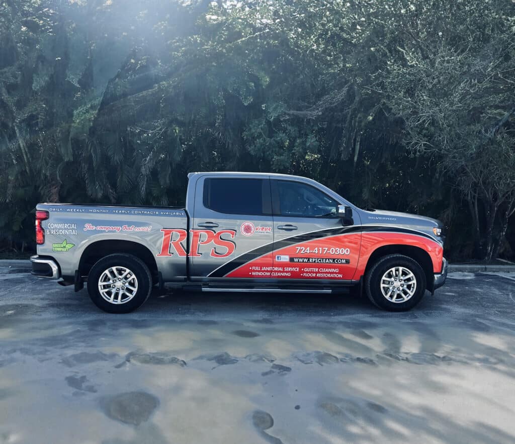 Gray pickup truck with RPS logo on the side